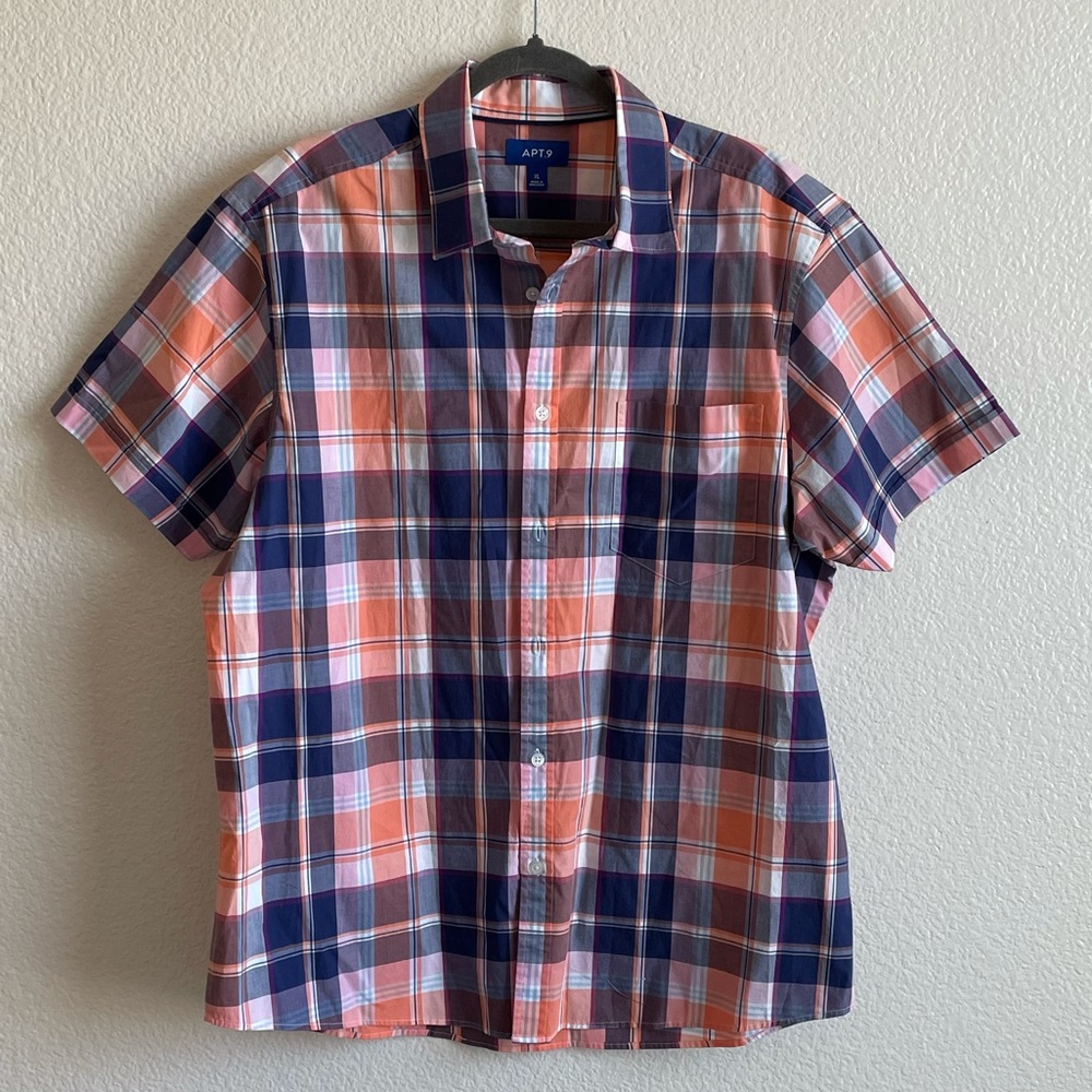 Apt 9 Plaid Button Up Peach Blue Collared Shirt XL